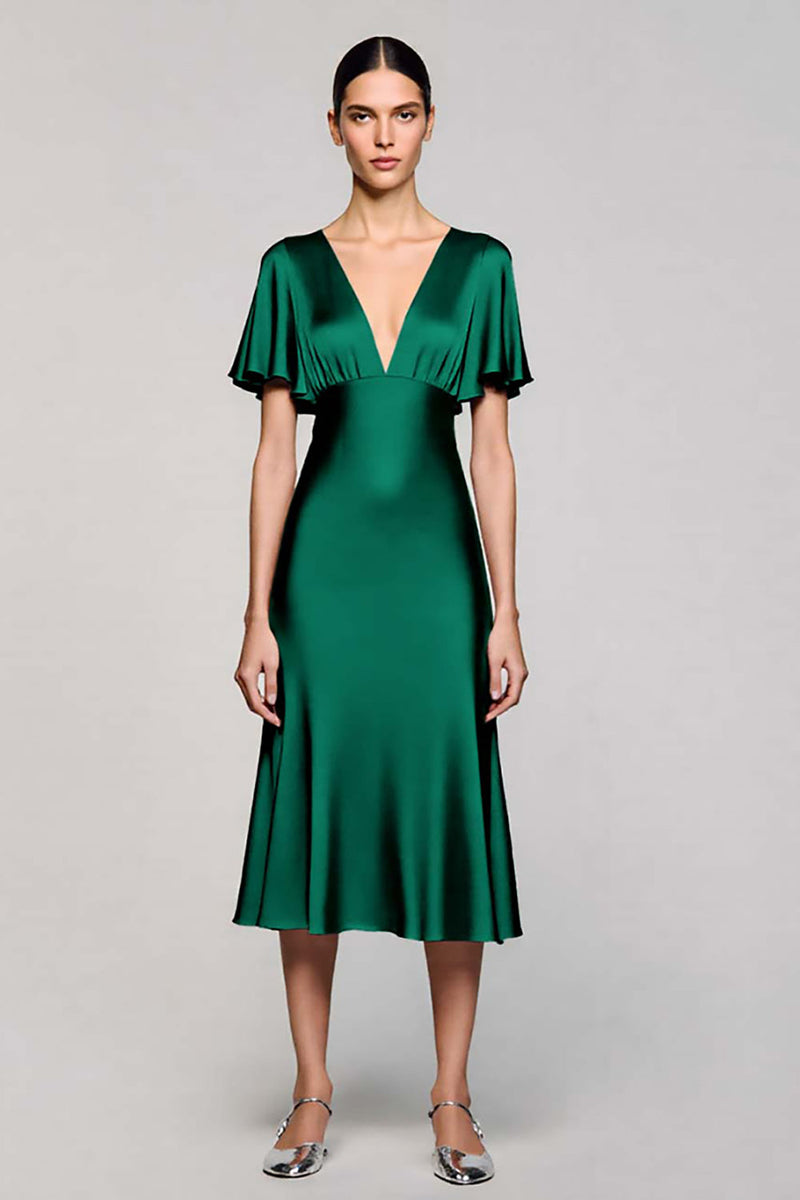 Laden Sie das Bild in den Galerie-Viewer, Schwarz A Linie V Ausschnitt Midi Satin Formelle Kleid mit Rüschen