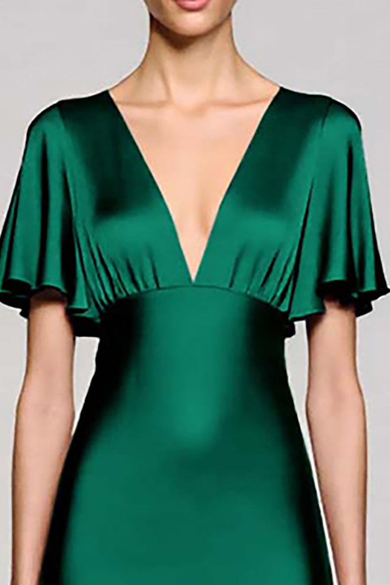 Laden Sie das Bild in den Galerie-Viewer, Schwarz A Linie V Ausschnitt Midi Satin Formelle Kleid mit Rüschen