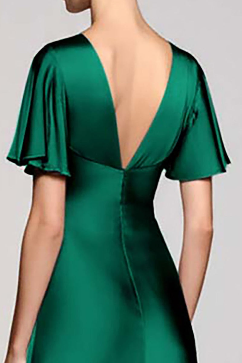 Laden Sie das Bild in den Galerie-Viewer, Schwarz A Linie V Ausschnitt Midi Satin Formelle Kleid mit Rüschen