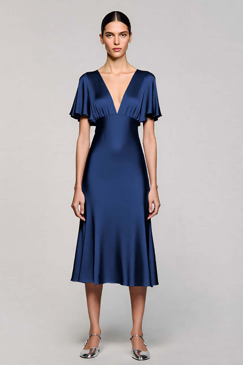 Laden Sie das Bild in den Galerie-Viewer, Schwarz A Linie V Ausschnitt Midi Satin Formelle Kleid mit Rüschen