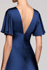 Laden Sie das Bild in den Galerie-Viewer, Schwarz A Linie V Ausschnitt Midi Satin Formelle Kleid mit Rüschen