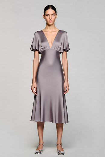 Schwarz A Linie V Ausschnitt Midi Satin Formelle Kleid mit Rüschen