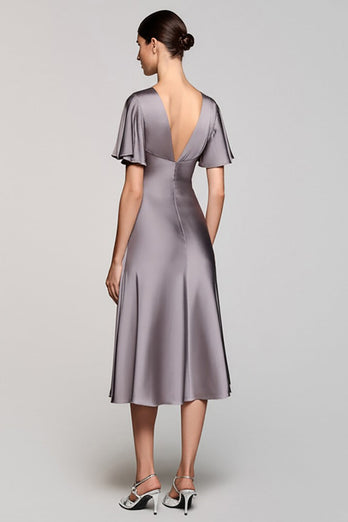 Schwarz A Linie V Ausschnitt Midi Satin Formelle Kleid mit Rüschen