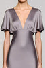 Laden Sie das Bild in den Galerie-Viewer, Schwarz A Linie V Ausschnitt Midi Satin Formelle Kleid mit Rüschen