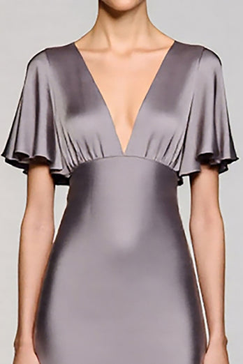 Schwarz A Linie V Ausschnitt Midi Satin Formelle Kleid mit Rüschen
