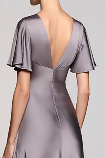 Schwarz A Linie V Ausschnitt Midi Satin Formelle Kleid mit Rüschen