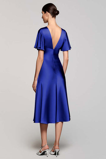 Schwarz A Linie V Ausschnitt Midi Satin Formelle Kleid mit Rüschen
