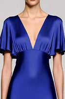 Laden Sie das Bild in den Galerie-Viewer, Schwarz A Linie V Ausschnitt Midi Satin Formelle Kleid mit Rüschen