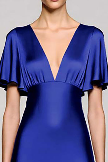 Schwarz A Linie V Ausschnitt Midi Satin Formelle Kleid mit Rüschen