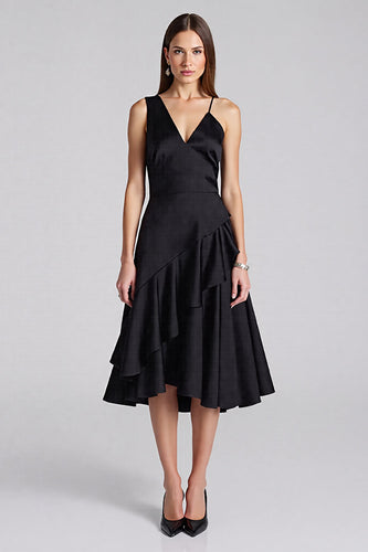 Schwarz A Linie Satin V Ausschnitt Midi Formelle Kleid mit Rüschen