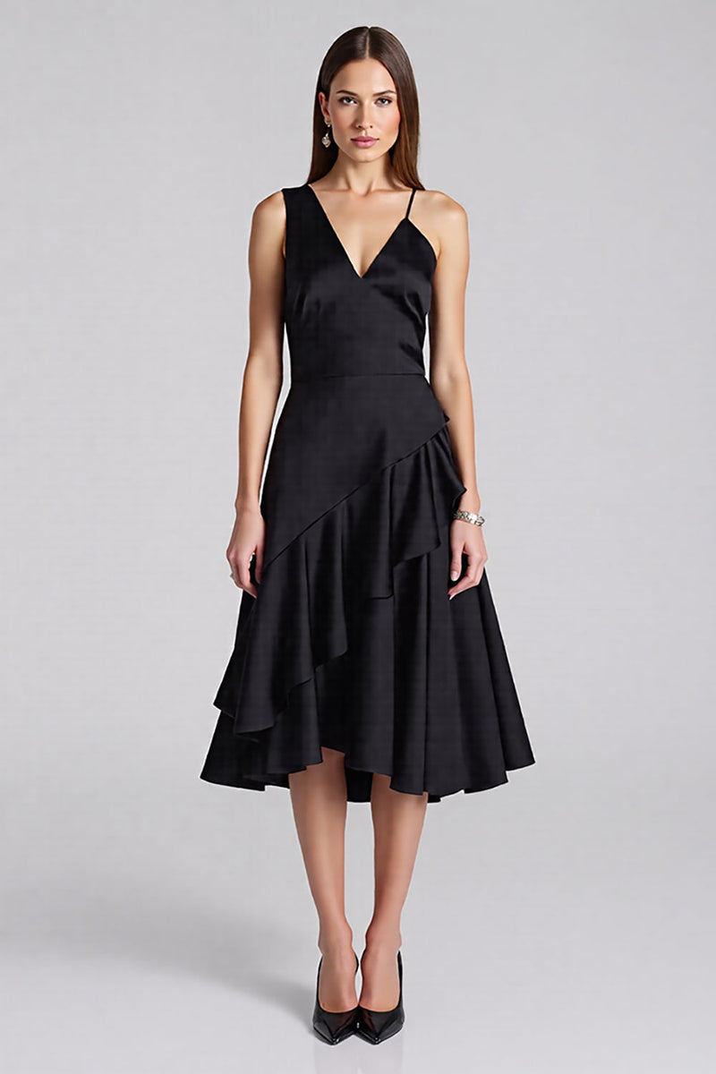 Laden Sie das Bild in den Galerie-Viewer, Schwarz A Linie Satin V Ausschnitt Midi Formelle Kleid mit Rüschen