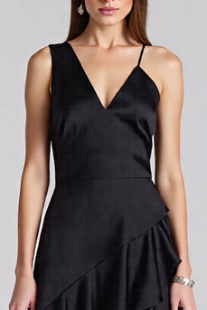 Schwarz A Linie Satin V Ausschnitt Midi Formelle Kleid mit Rüschen