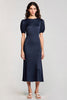 Laden Sie das Bild in den Galerie-Viewer, Marineblau Satin A Linie Midi Formelle Kleid mit Puff Ärmel