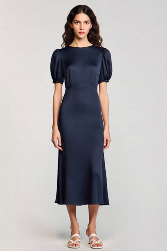 Marineblau Satin A Linie Midi Formelle Kleid mit Puff Ärmel