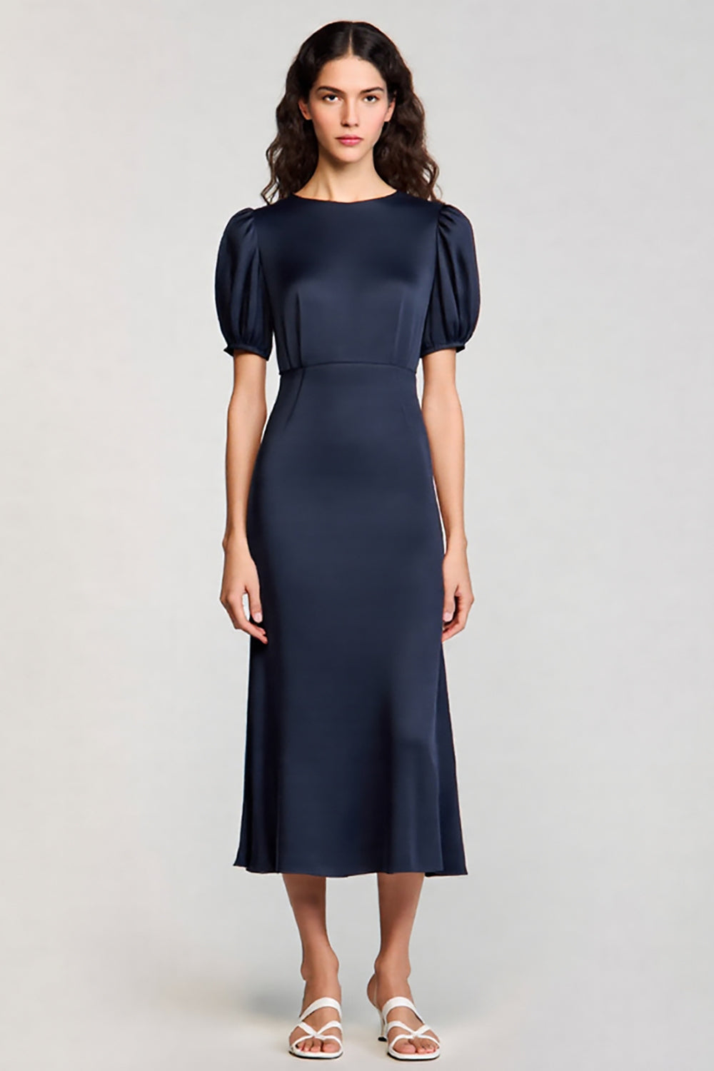Marineblau Satin A Linie Midi Formelle Kleid mit Puff Ärmel