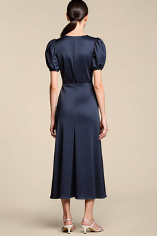 Marineblau Satin A Linie Midi Formelle Kleid mit Puff Ärmel