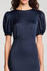 Laden Sie das Bild in den Galerie-Viewer, Marineblau Satin A Linie Midi Formelle Kleid mit Puff Ärmel