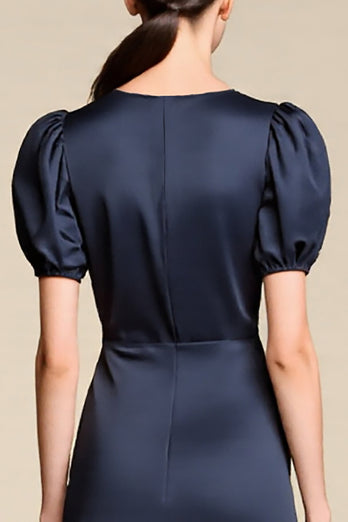 Marineblau Satin A Linie Midi Formelle Kleid mit Puff Ärmel