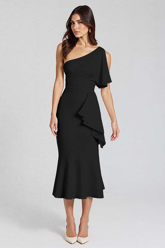 Schwarz Eine Schulter Satin Midi Formelle Kleid mit Rüschen