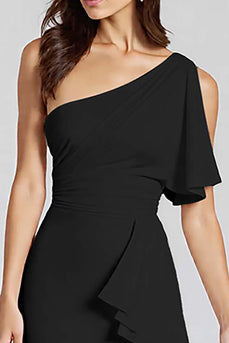 Schwarz Eine Schulter Satin Midi Formelle Kleid mit Rüschen