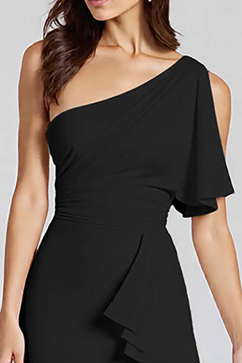 Schwarz Eine Schulter Satin Midi Formelle Kleid mit Rüschen