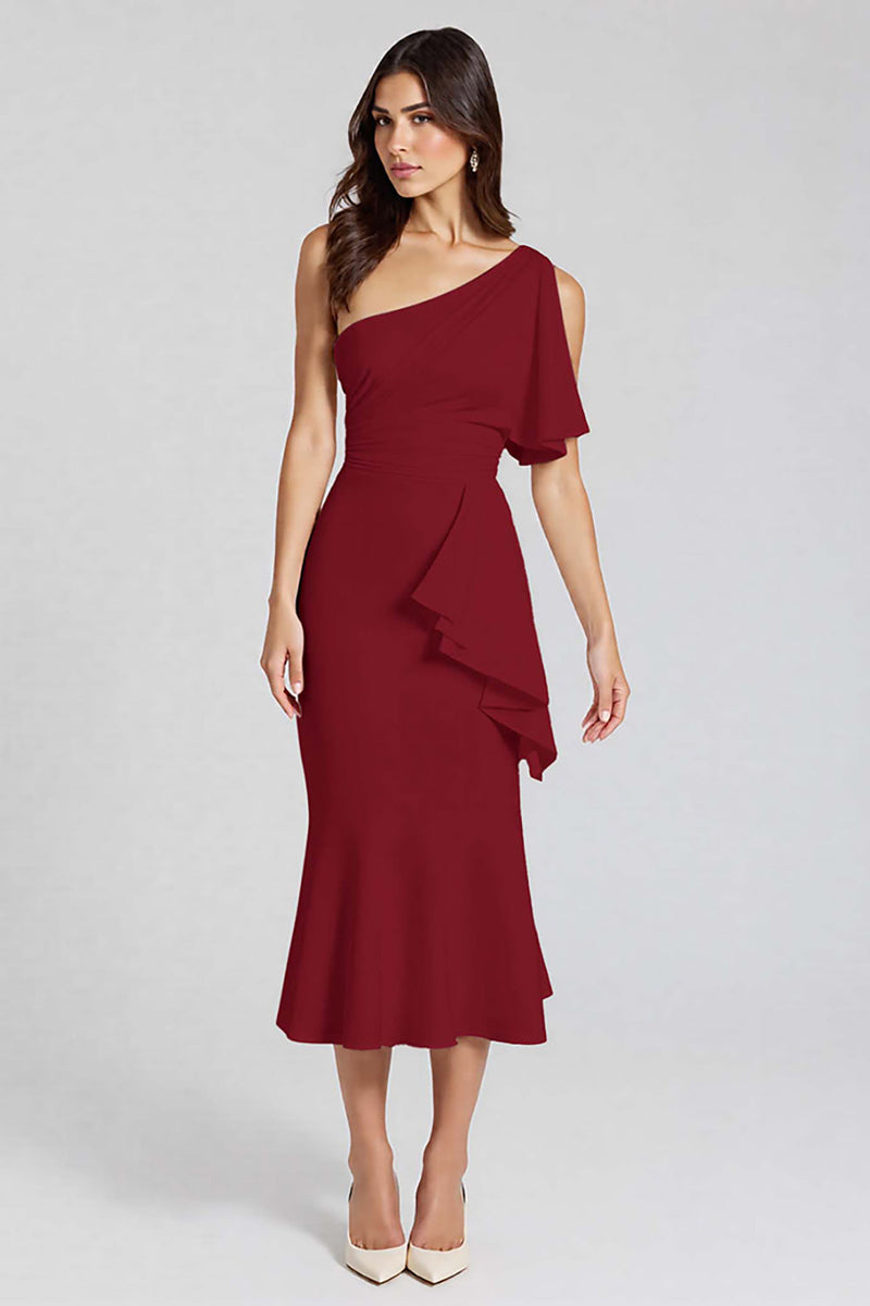 Laden Sie das Bild in den Galerie-Viewer, Schwarz Eine Schulter Satin Midi Formelle Kleid mit Rüschen