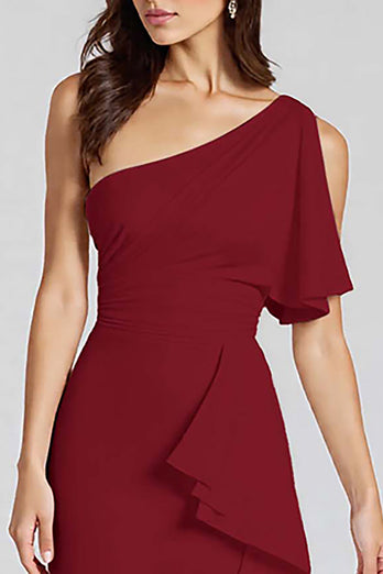 Schwarz Eine Schulter Satin Midi Formelle Kleid mit Rüschen