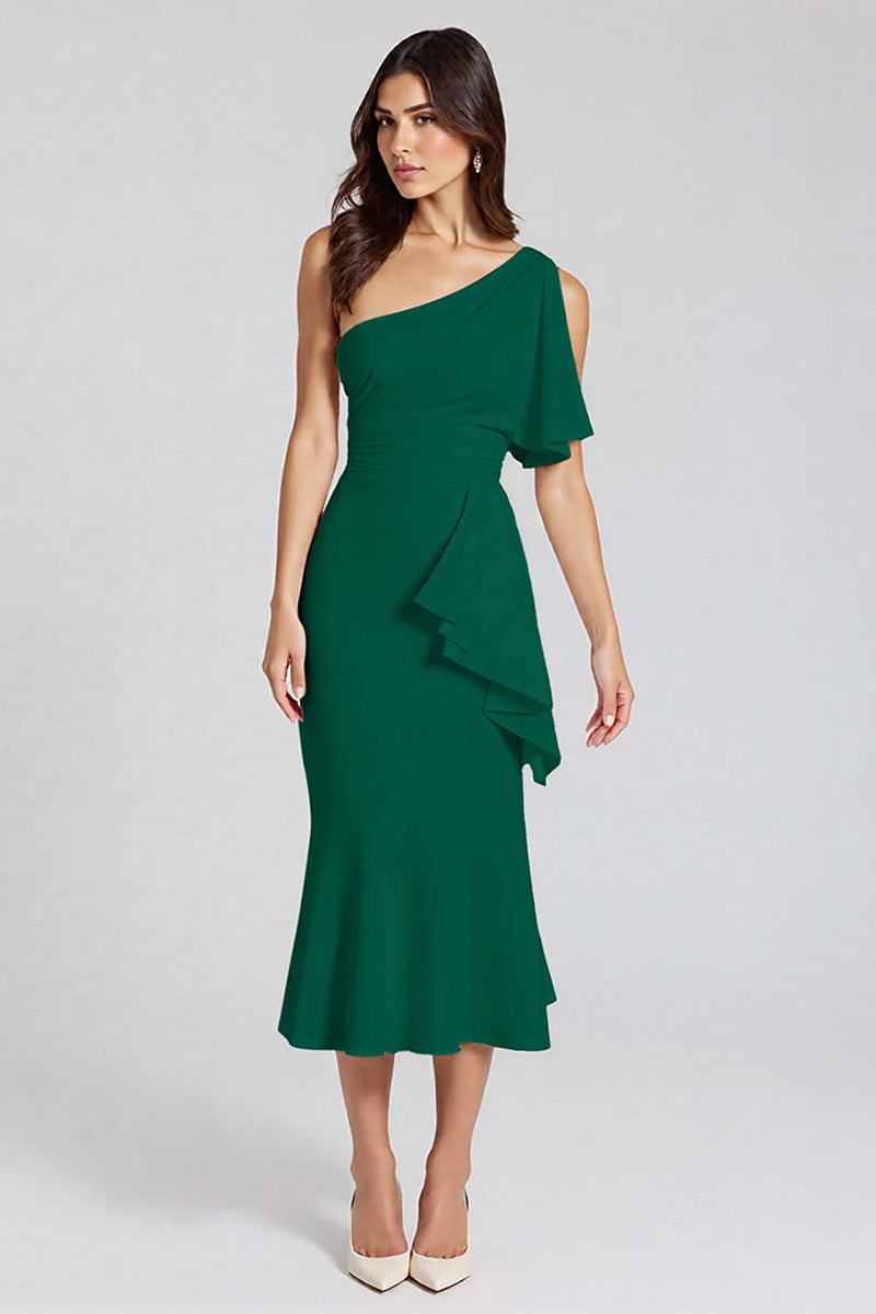 Laden Sie das Bild in den Galerie-Viewer, Schwarz Eine Schulter Satin Midi Formelle Kleid mit Rüschen