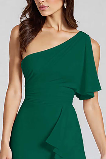 Schwarz Eine Schulter Satin Midi Formelle Kleid mit Rüschen