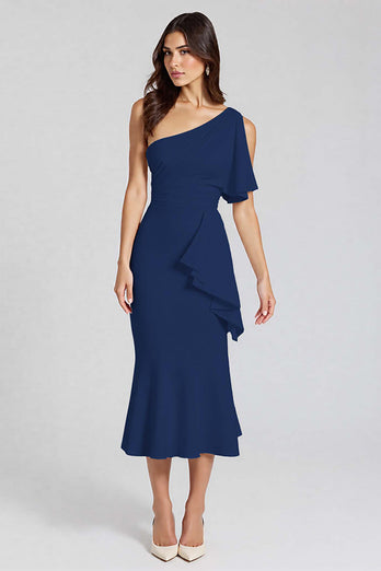 Elfenbein Eine Schulter Satin Midi Formelle Kleid mit Rüschen
