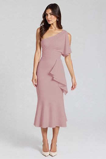 Elfenbein Eine Schulter Satin Midi Formelle Kleid mit Rüschen