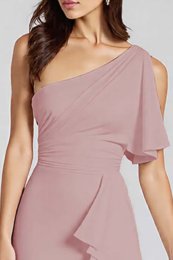 Elfenbein Eine Schulter Satin Midi Formelle Kleid mit Rüschen