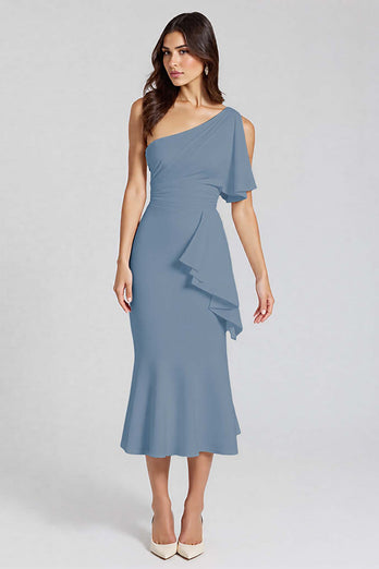 Elfenbein Eine Schulter Satin Midi Formelle Kleid mit Rüschen