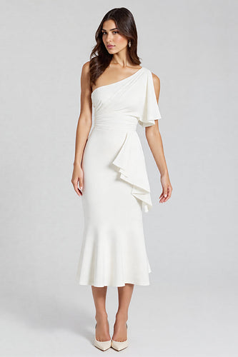 Elfenbein Eine Schulter Satin Midi Formelle Kleid mit Rüschen