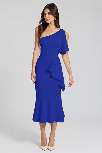 Schwarz Eine Schulter Satin Midi Formelle Kleid mit Rüschen