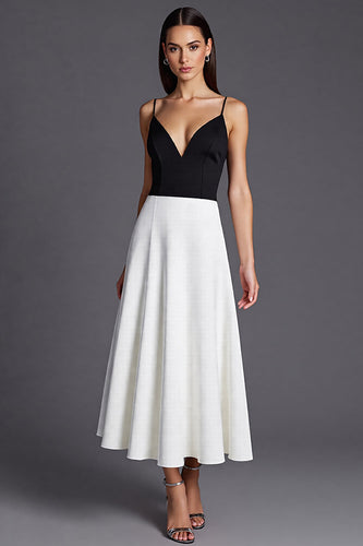 Schwarz und Weiß Satin Spaghettiträger A Linie Lange Formelle Kleid