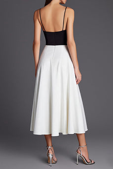 Schwarz und Weiß Satin Spaghettiträger A Linie Lange Formelle Kleid