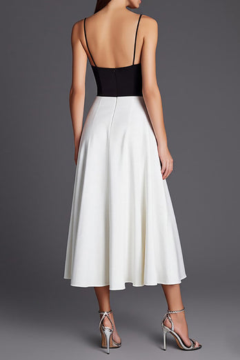 Schwarz und Weiß Satin Spaghettiträger A Linie Lange Formelle Kleid