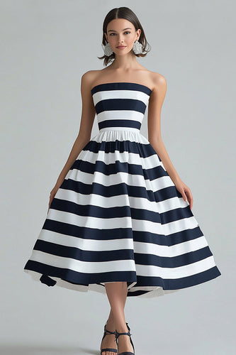 Marineblau Weiß Trägerlos Streifen A Linie Midi Cocktail Kleid