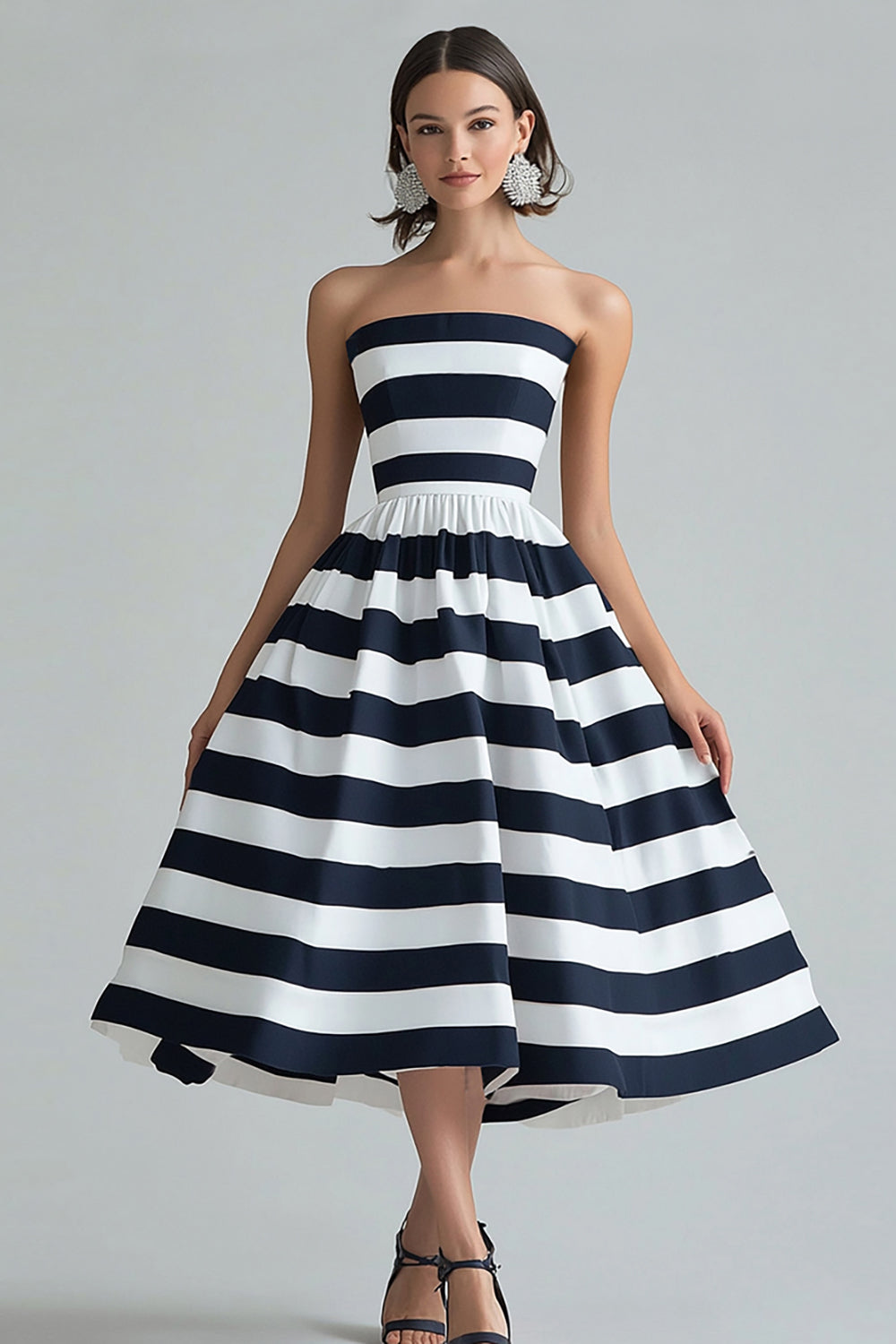 Marineblau Weiß Trägerlos Streifen A Linie Midi Cocktail Kleid