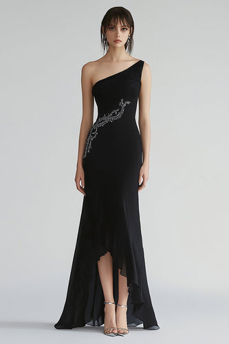 Glitzer Chiffon Eine Schulter Lange Schwarz Krawattenkleid mit Perlen