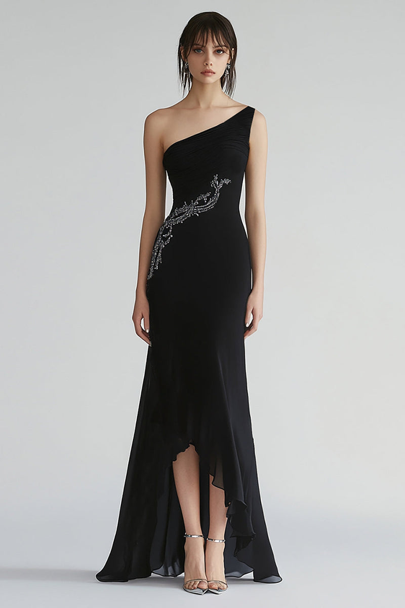 Laden Sie das Bild in den Galerie-Viewer, Glitzer Chiffon Eine Schulter Lange Schwarz Krawattenkleid mit Perlen