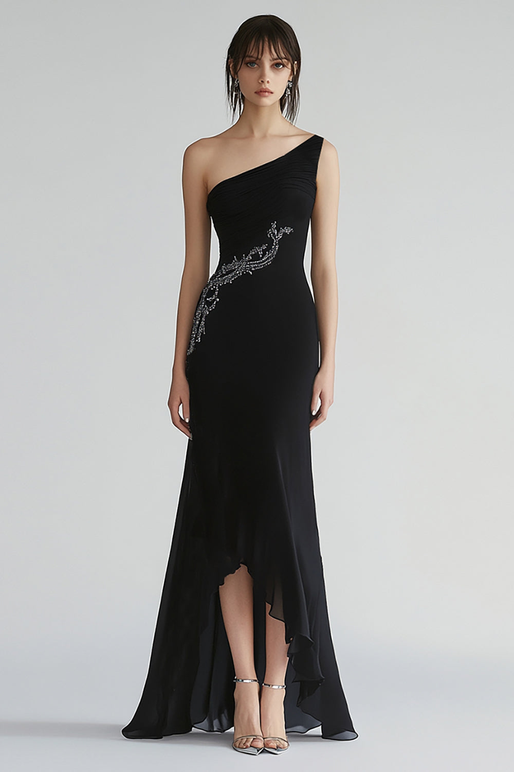 Glitzer Chiffon Eine Schulter Lange Schwarz Krawattenkleid mit Perlen