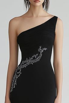 Glitzer Chiffon Eine Schulter Lange Schwarz Krawattenkleid mit Perlen