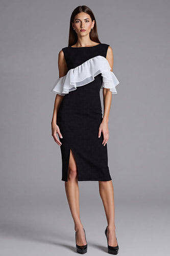 Schwarz und Weiß Bodycon Satin Midi Cocktail Kleid mit Rüschen