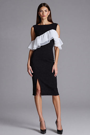 Schwarz und Weiß Bodycon Satin Midi Cocktail Kleid mit Rüschen
