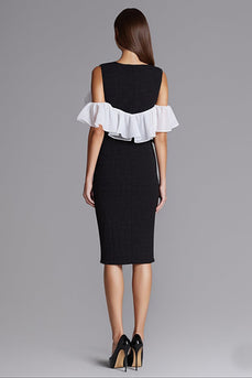 Schwarz und Weiß Bodycon Satin Midi Cocktail Kleid mit Rüschen