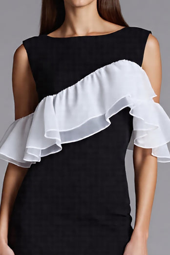 Schwarz und Weiß Bodycon Satin Midi Cocktail Kleid mit Rüschen