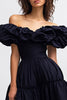 Laden Sie das Bild in den Galerie-Viewer, Schwarz Satin Schulterfreie Midi Formelle Kleid mit Rüschen