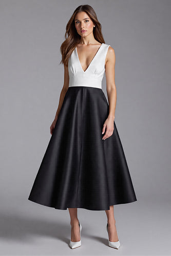 Schwarz und Weiß Satin V Ausschnitt A Linie Midi Formelle Kleid